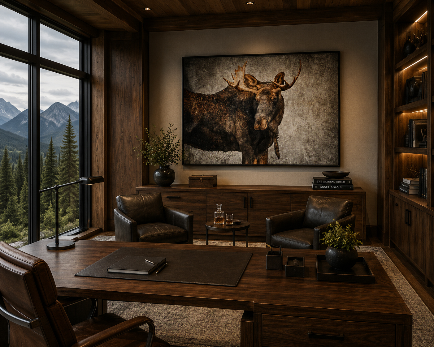 Large bull moose artwork in a warm mountain executive office by Dan Sproul